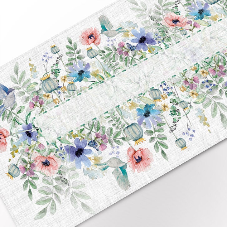 Linen Table Runner, Spring Birds And Flowers, Handmade Decor
