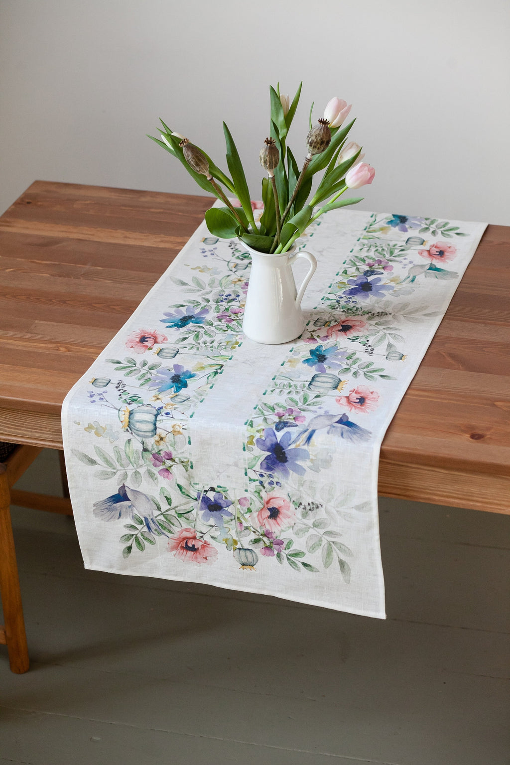 Linen Table Runner, Spring Birds And Flowers, Handmade Decor