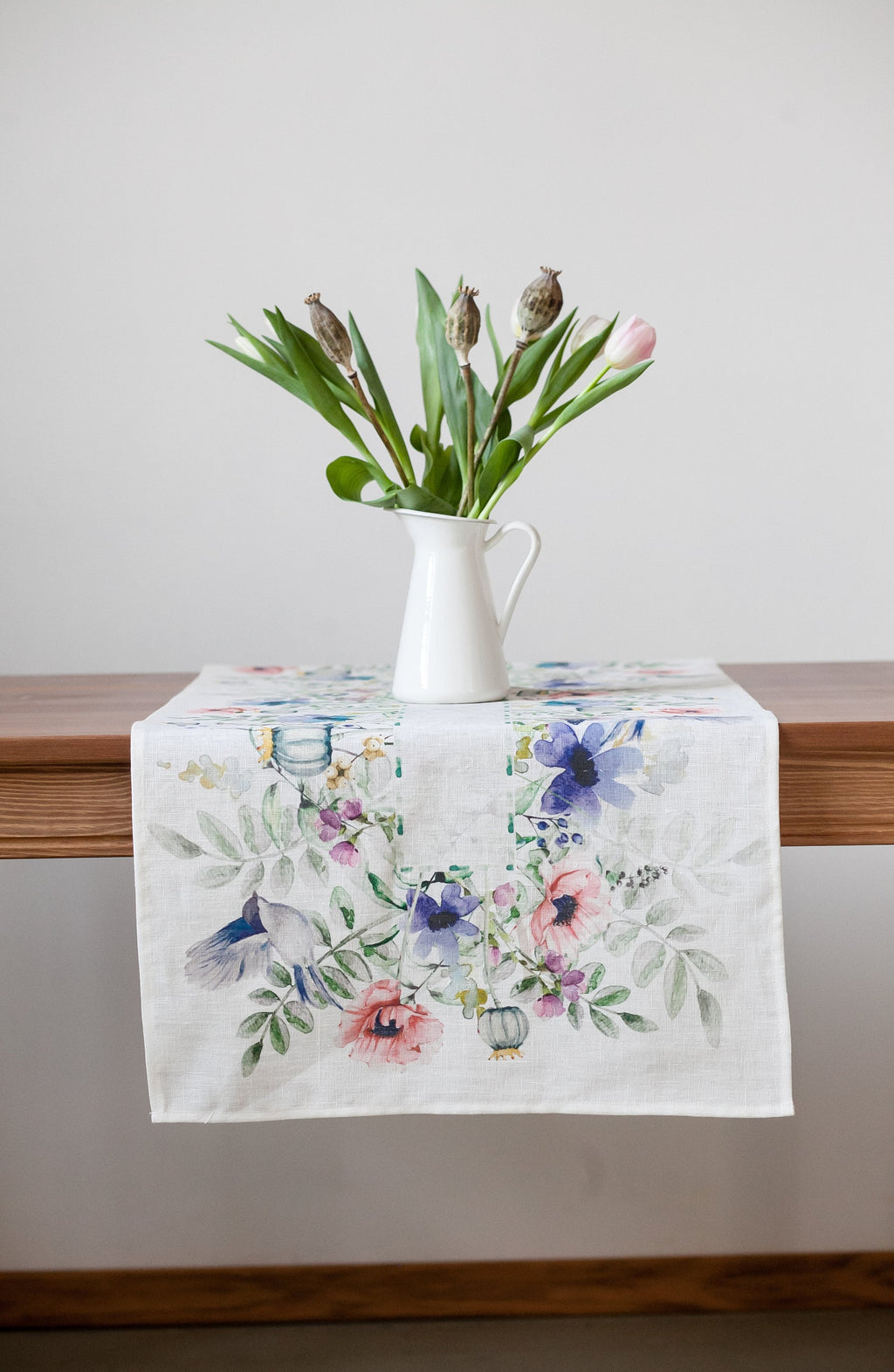 Linen Table Runner, Spring Birds And Flowers, Handmade Decor
