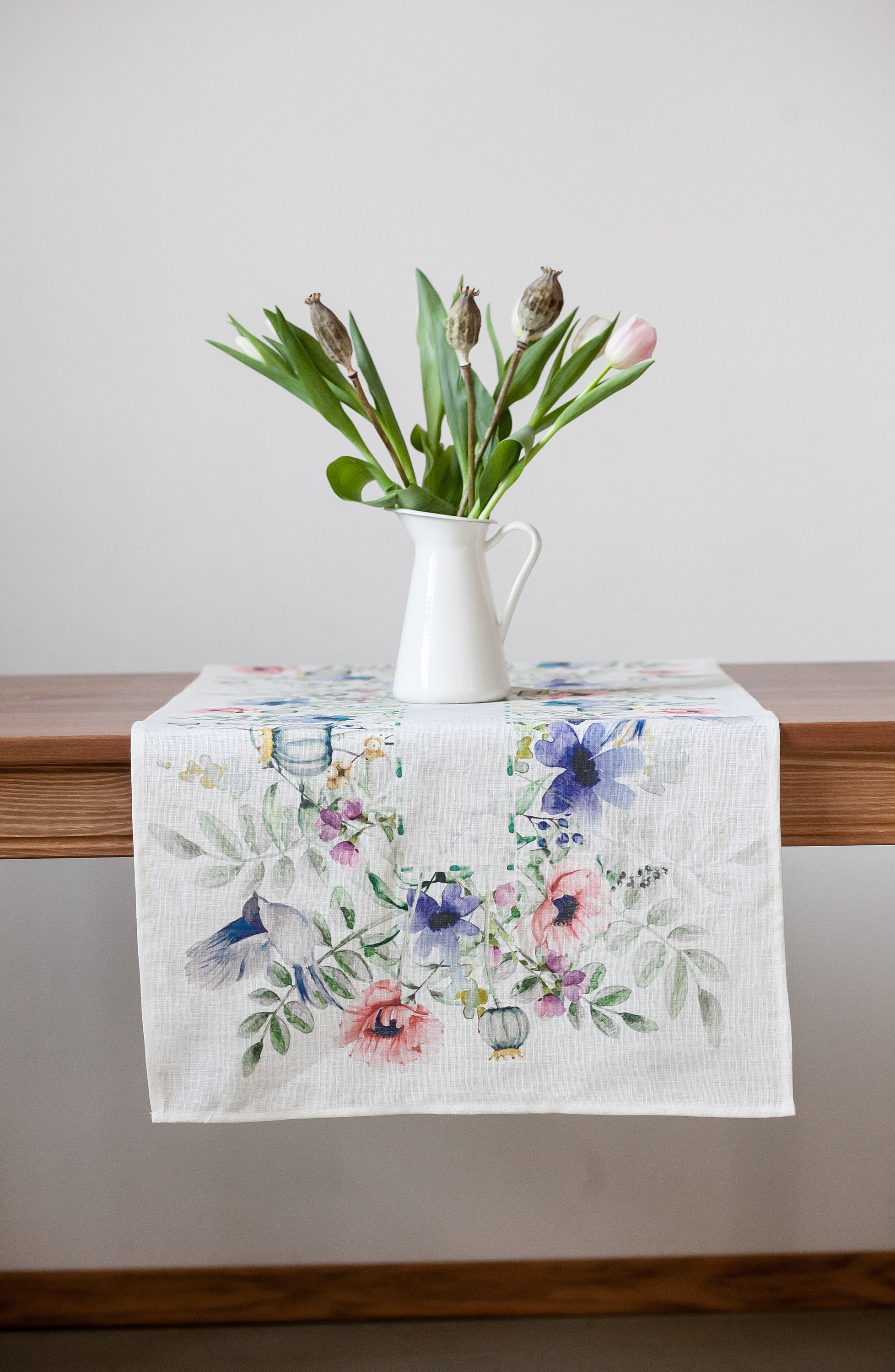 Linen Table Runner, Spring Birds And Flowers, Handmade Decor