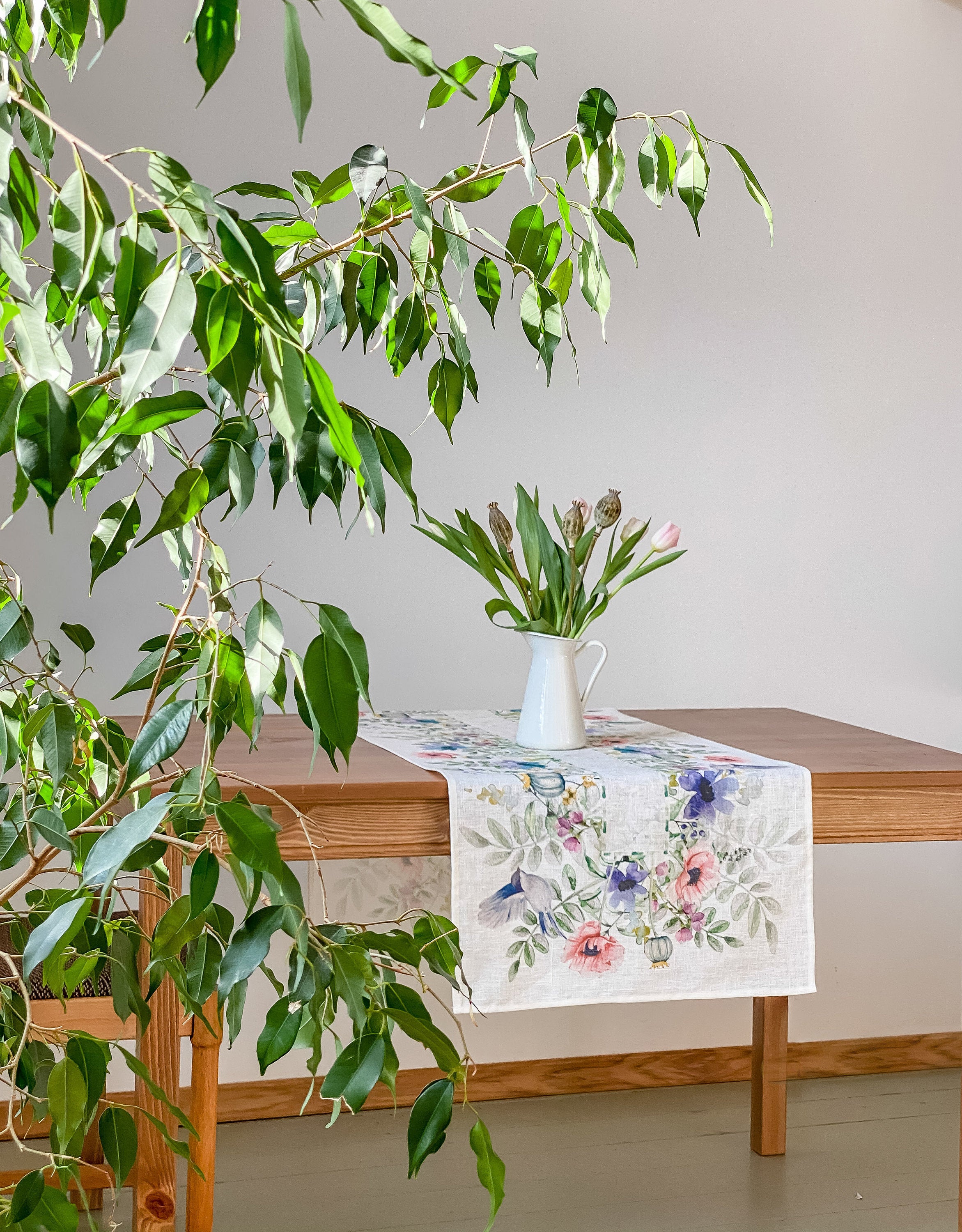 Linen Table Runner, Spring Birds And Flowers, Handmade Decor