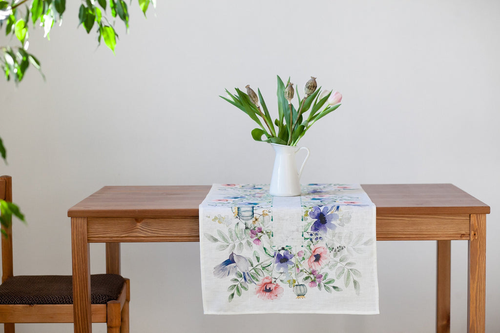 Linen Table Runner, Spring Birds And Flowers, Handmade Decor