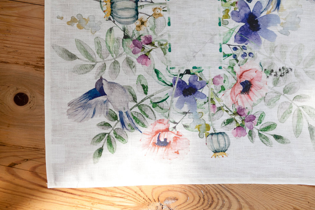 Linen Table Runner, Spring Birds And Flowers, Handmade Decor