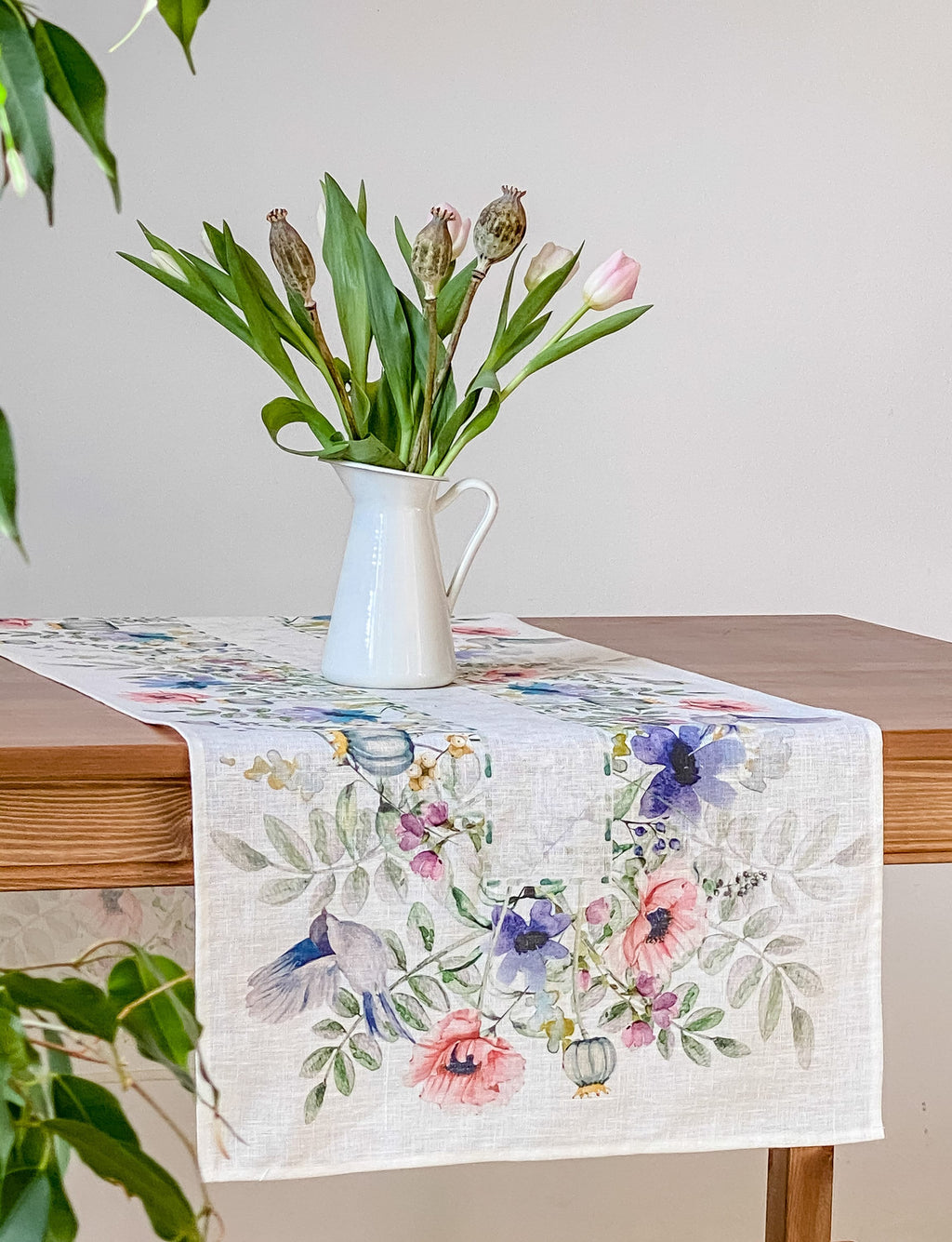 Linen Table Runner, Spring Birds And Flowers, Handmade Decor