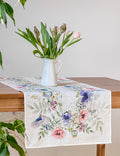 Linen Table Runner, Spring Birds And Flowers, Handmade Decor