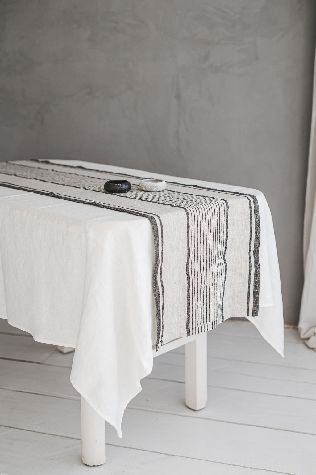 French Style Linen Table Runner, Striped Linen Table Runner, Heavyweight Natural Linen Table Runner, Handmade Washed Linen Table Runner.