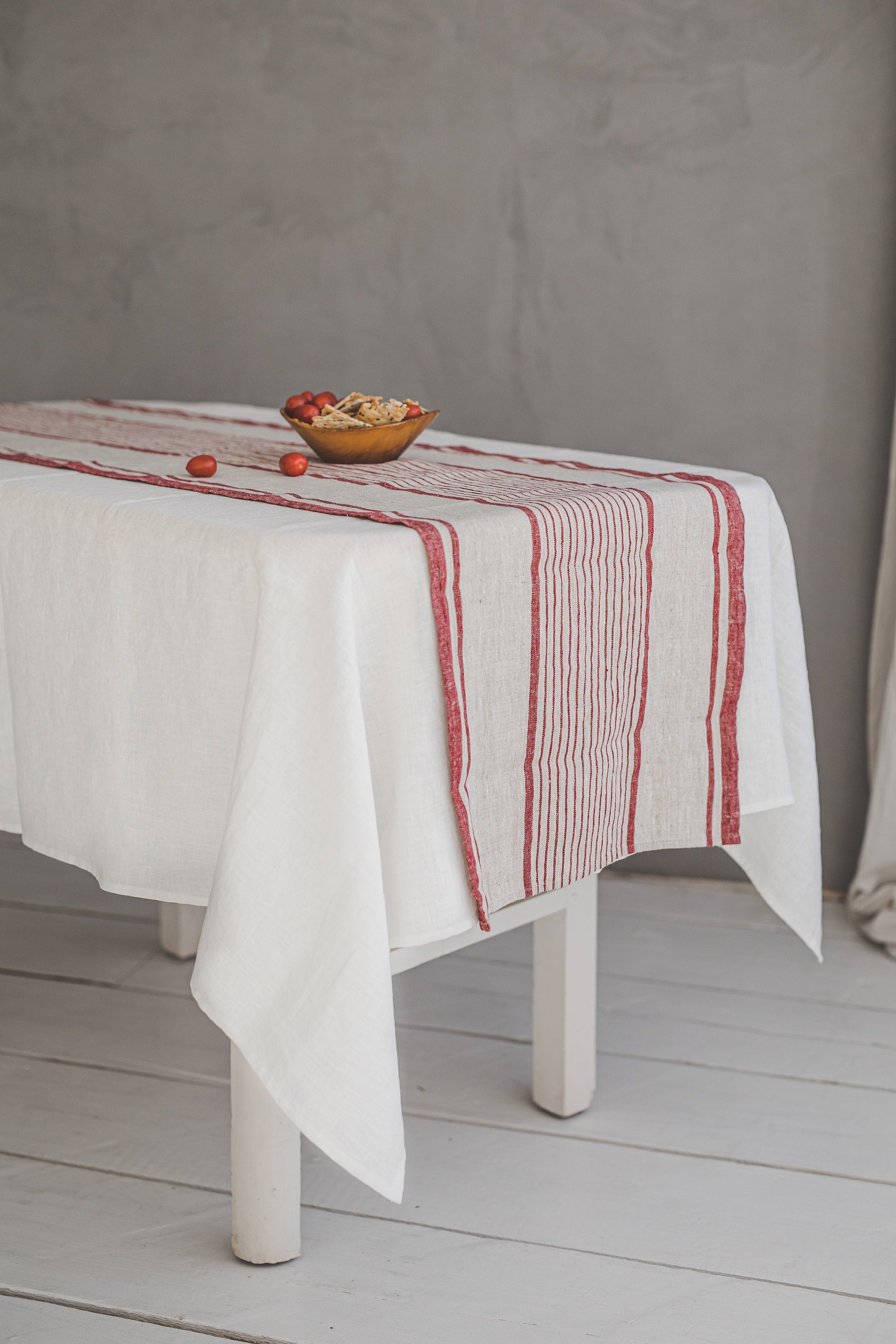 French Style Linen Table Runner, Striped Linen Table Runner, Heavyweight Natural Linen Table Runner, Handmade Washed Linen Table Runner.