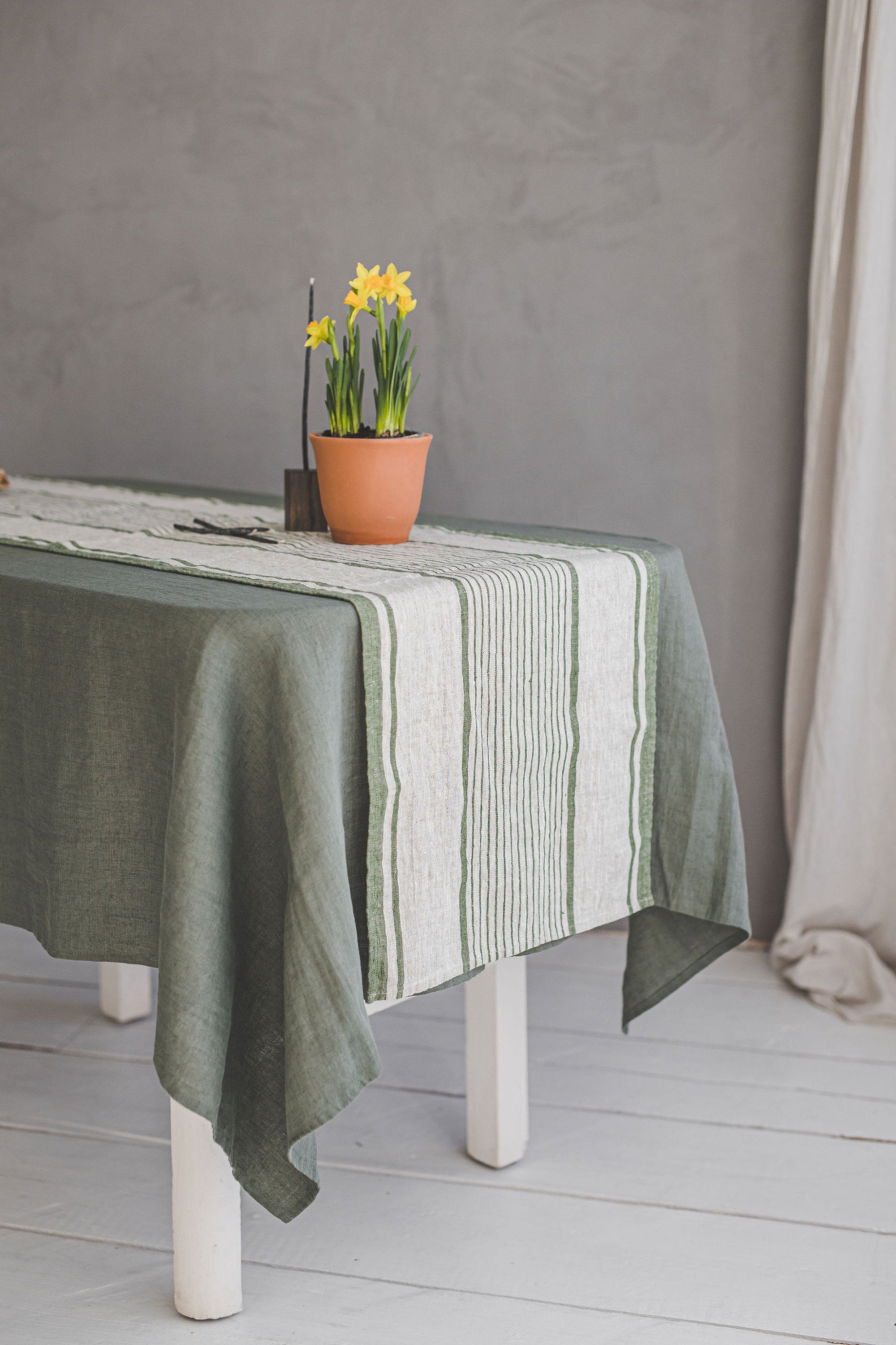 French Style Linen Table Runner, Striped Linen Table Runner, Heavyweight Natural Linen Table Runner, Handmade Washed Linen Table Runner.