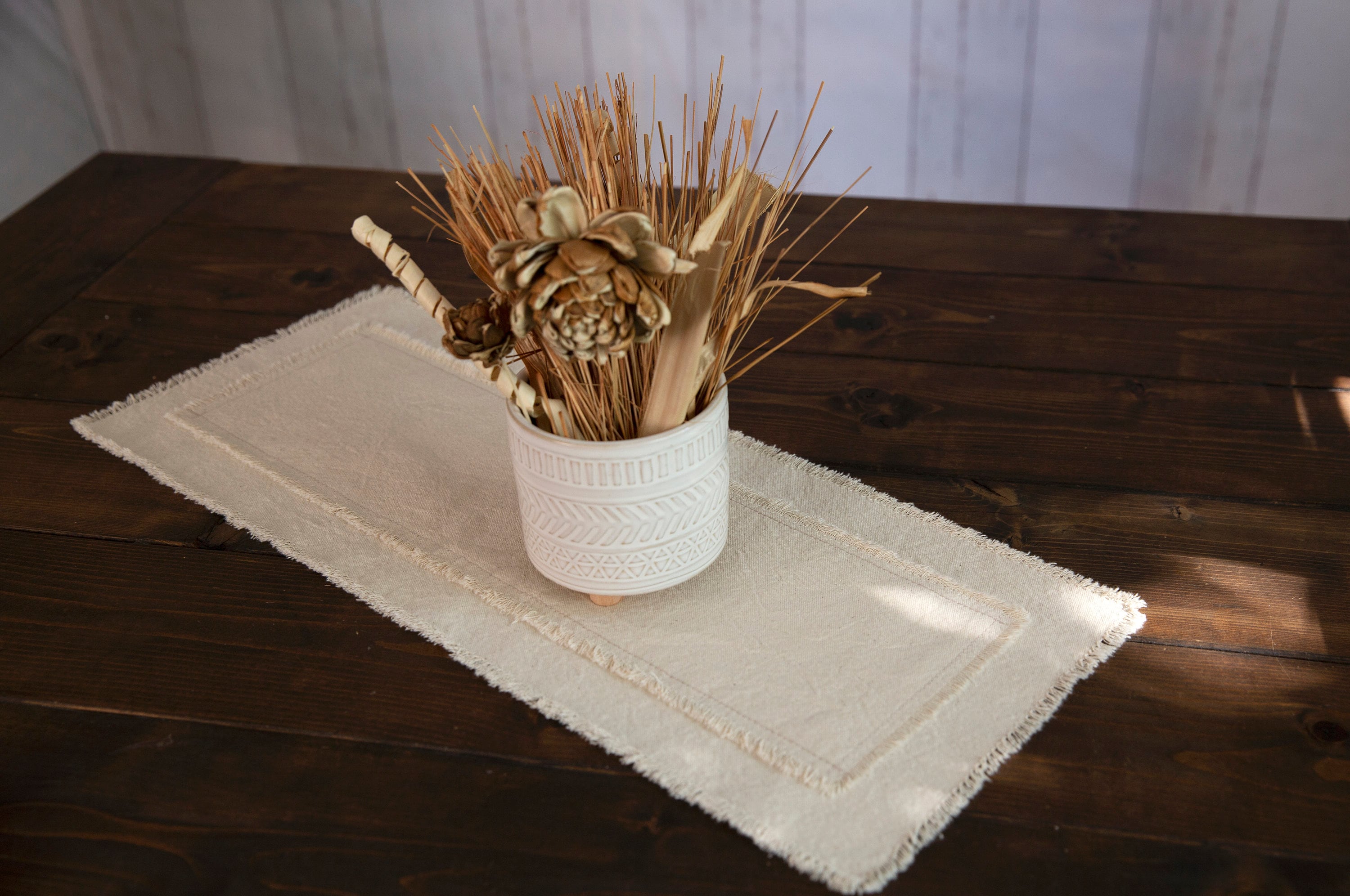 Rustic Table Runner|frayed Edges|small Handmade Farmhouse Table Runner|holiday Runner|gift For Her,neutral Sandy Beige