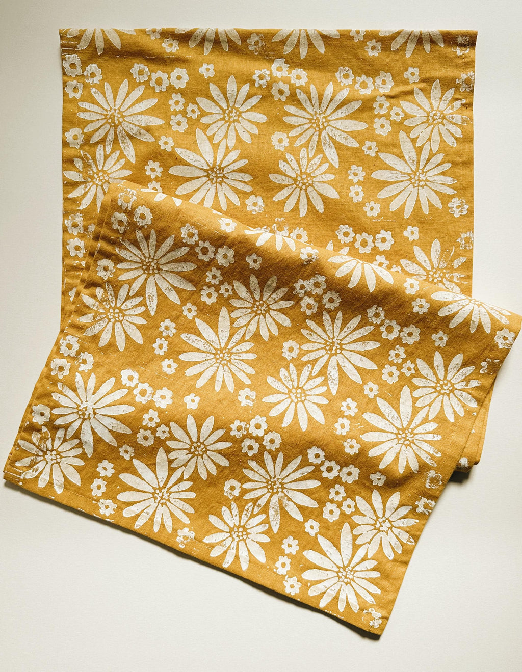 Hand Block Printed Table Runner. Fall Floral On Mustard Yellow. Boho Decor. Linen Tablecloth. Birthday Or Dinner Party Decor.