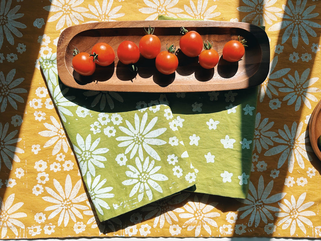 Hand Block Printed Table Runner. Fall Floral On Mustard Yellow. Boho Decor. Linen Tablecloth. Birthday Or Dinner Party Decor.