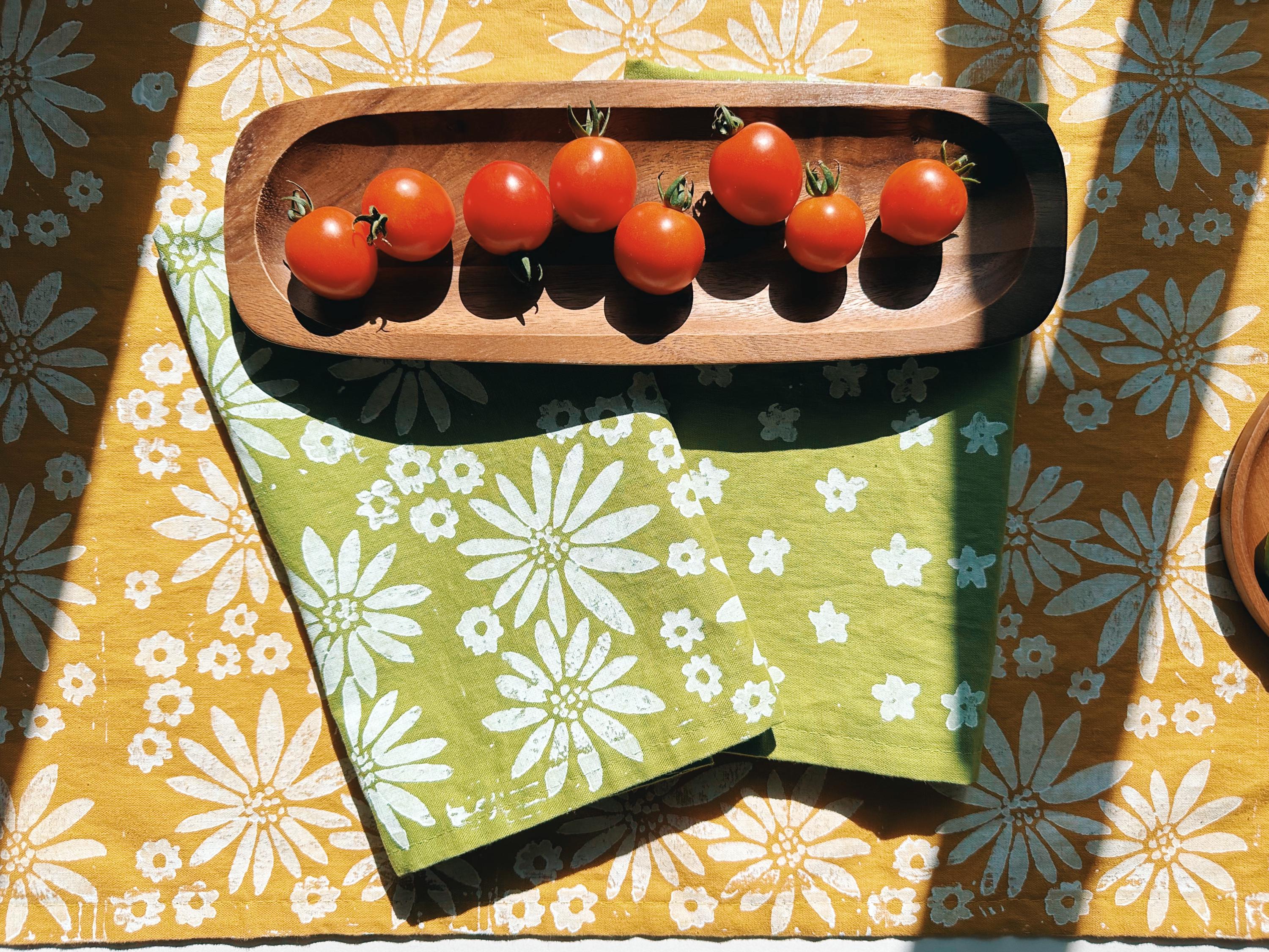 Hand Block Printed Table Runner. Fall Floral On Mustard Yellow. Boho Decor. Linen Tablecloth. Birthday Or Dinner Party Decor.