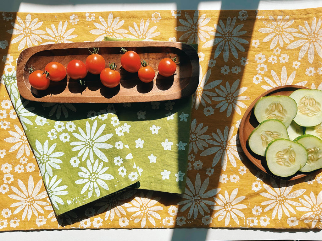 Hand Block Printed Table Runner. Fall Floral On Mustard Yellow. Boho Decor. Linen Tablecloth. Birthday Or Dinner Party Decor.