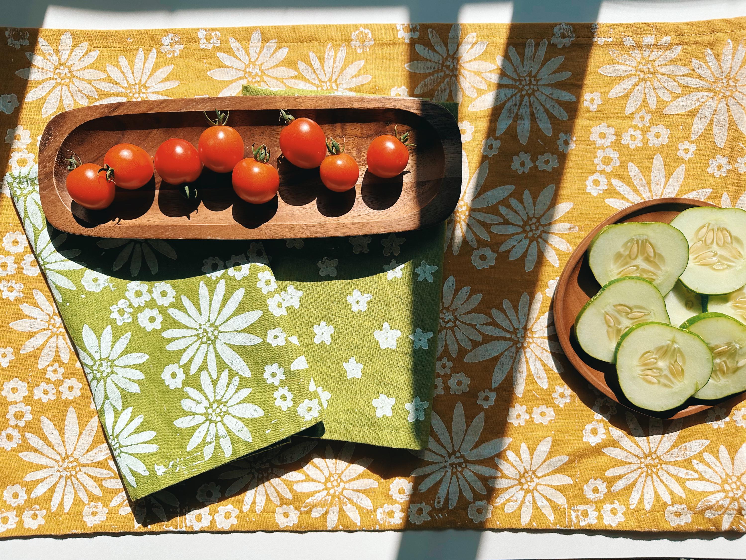 Hand Block Printed Table Runner. Fall Floral On Mustard Yellow. Boho Decor. Linen Tablecloth. Birthday Or Dinner Party Decor.