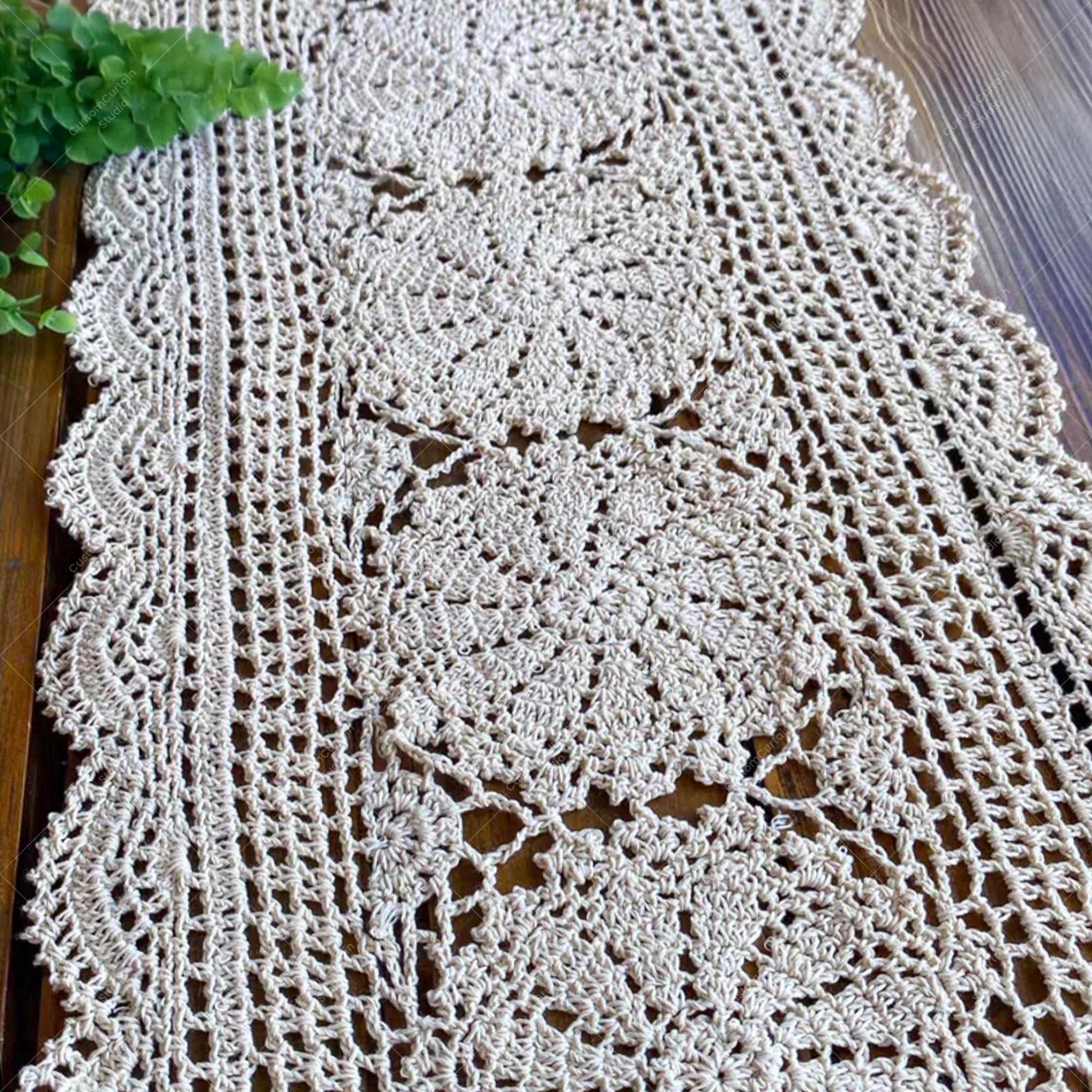 Handmade Crochet Cotton Table Runner: Vintage Scalloped Edge Decor