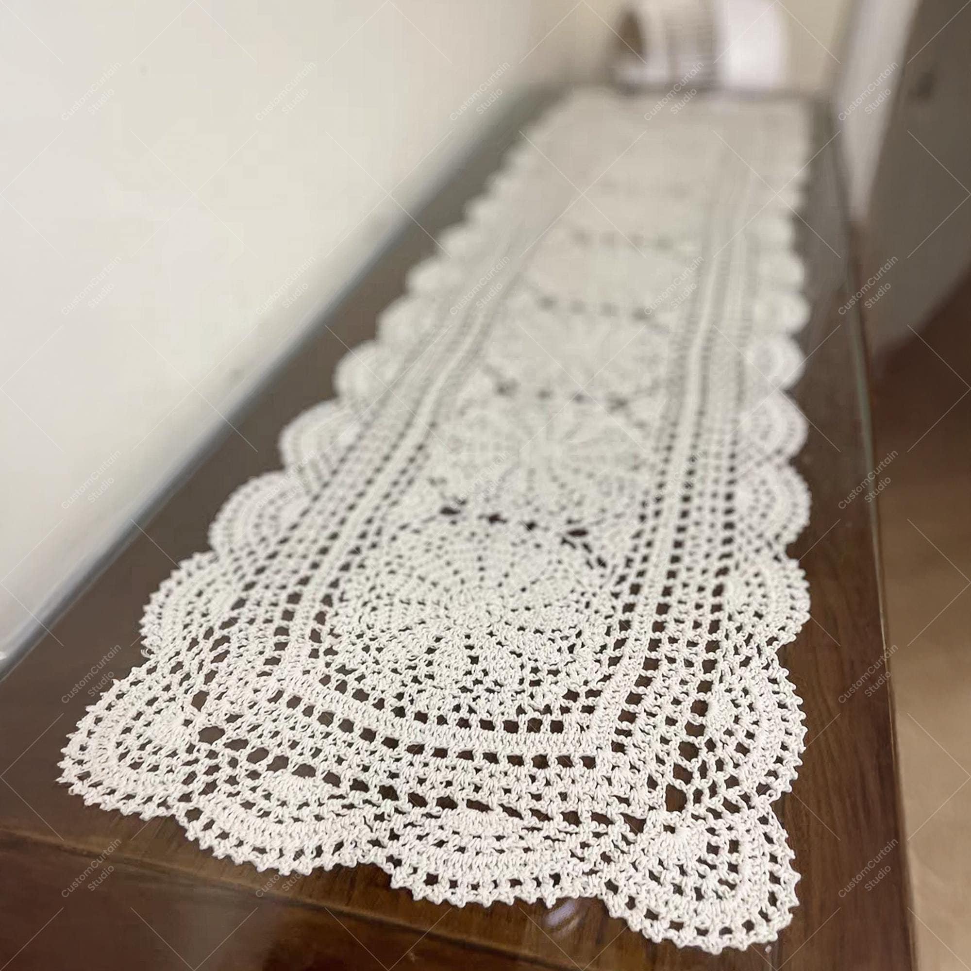 Handmade Crochet Cotton Table Runner: Vintage Scalloped Edge Decor
