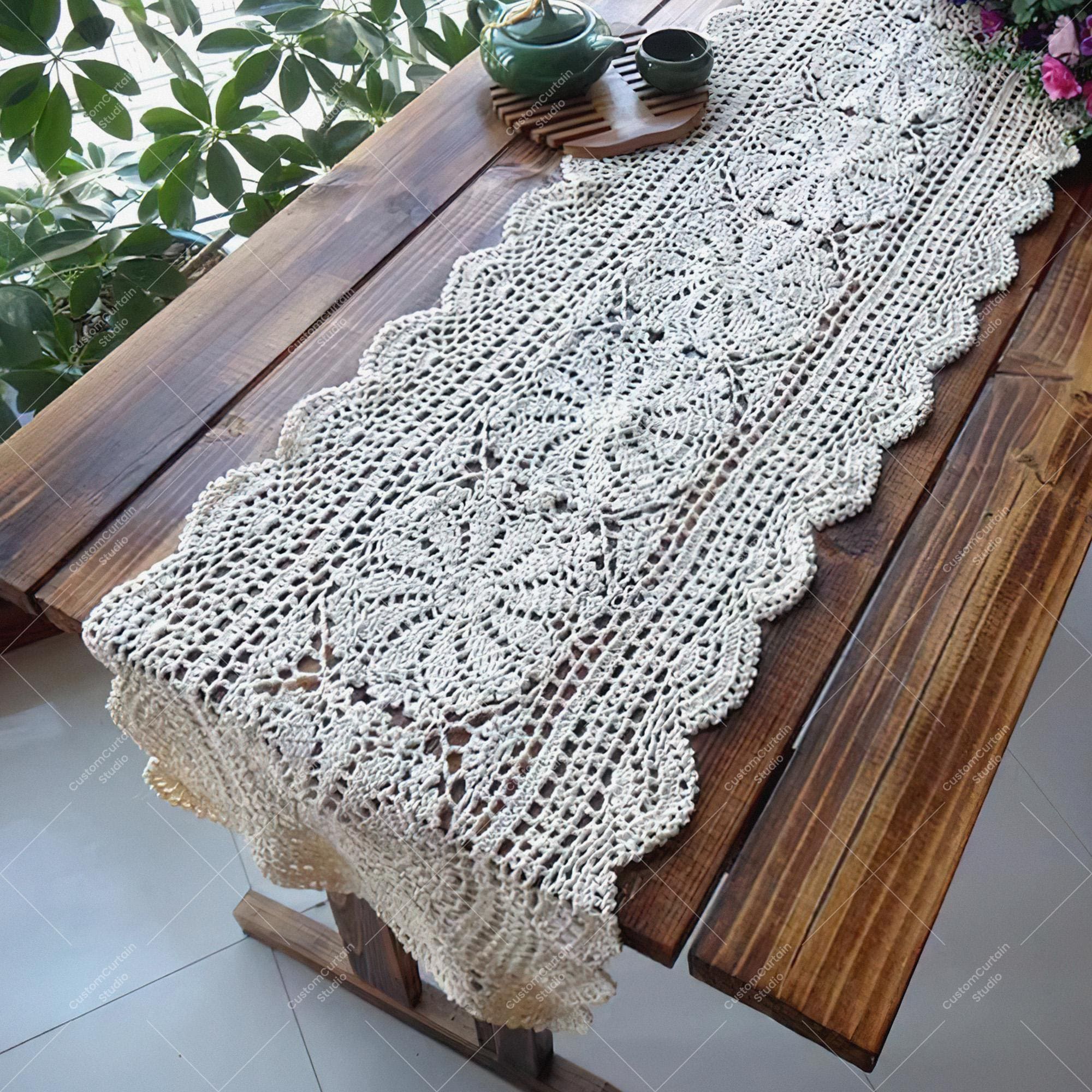 Handmade Crochet Cotton Table Runner: Vintage Scalloped Edge Decor