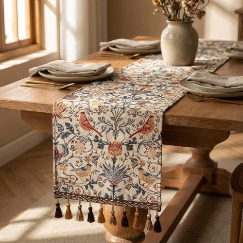 Bird & Floral Tapestry Table Runner With Tassels – Vintage Style Decorative Dining Table Runner, Rustic Home Decor