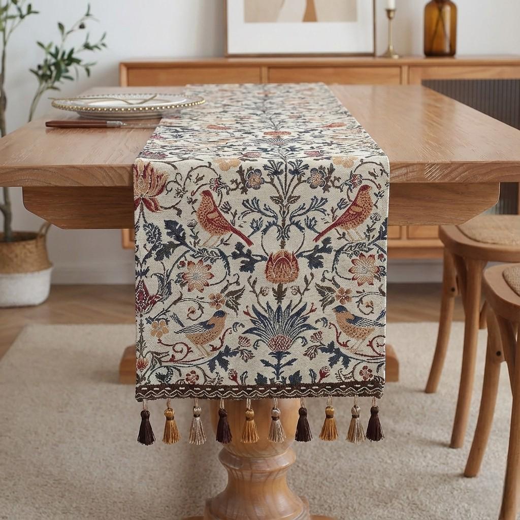 Bird & Floral Tapestry Table Runner With Tassels – Vintage Style Decorative Dining Table Runner, Rustic Home Decor