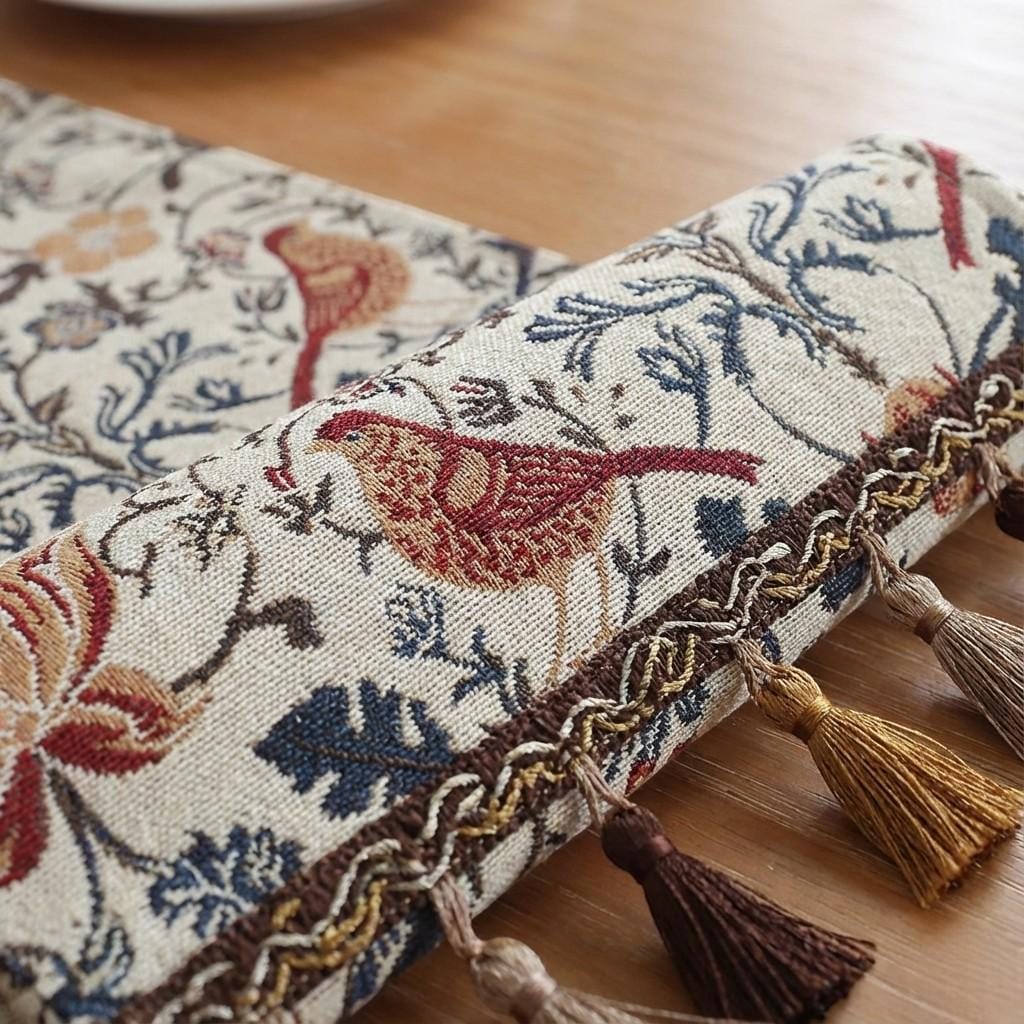 Bird & Floral Tapestry Table Runner With Tassels – Vintage Style Decorative Dining Table Runner, Rustic Home Decor