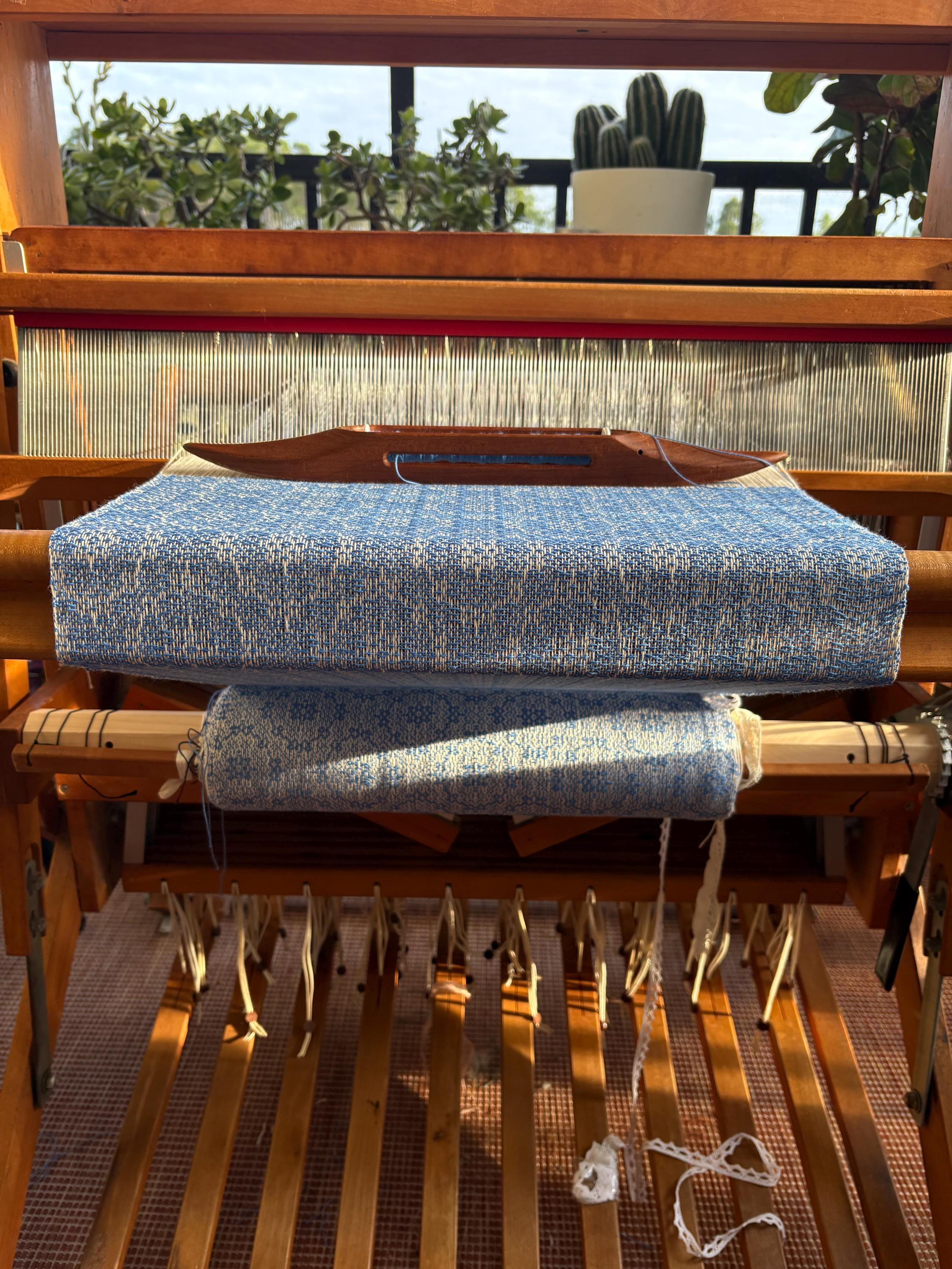 Handwoven Blue Table Runner – Organic Cotton Twilight Circles Design