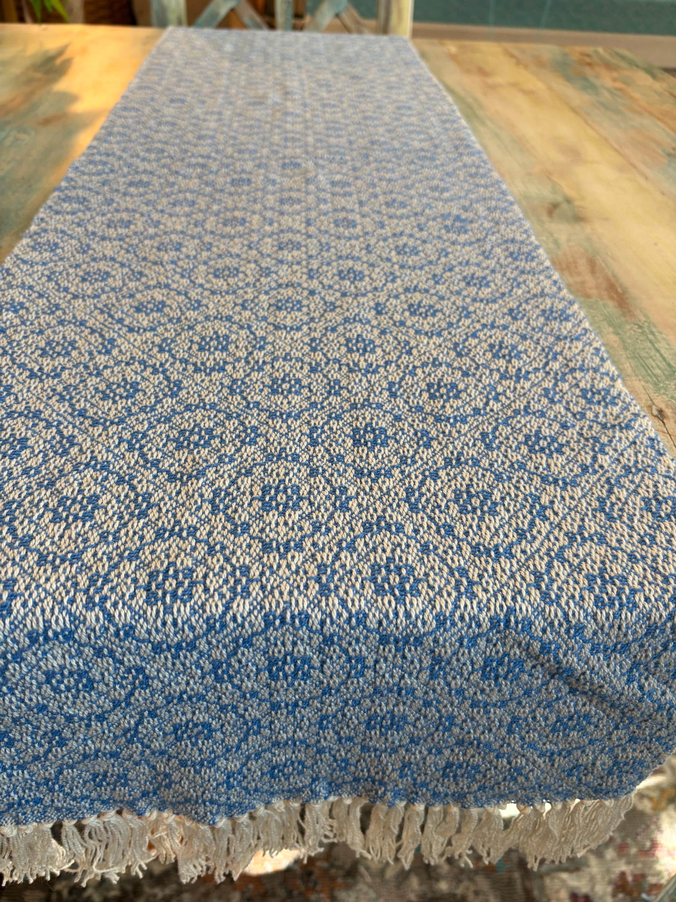 Handwoven Blue Table Runner – Organic Cotton Twilight Circles Design