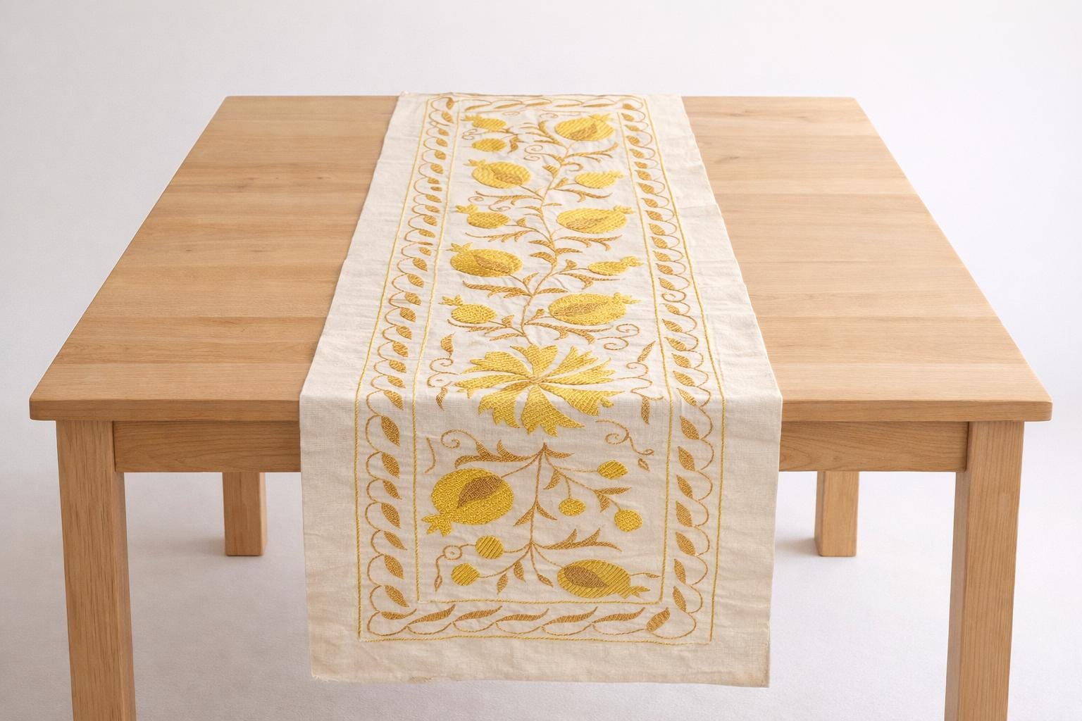 Hand Embroidered Table Runner – Traditional Design On Natural Fabric