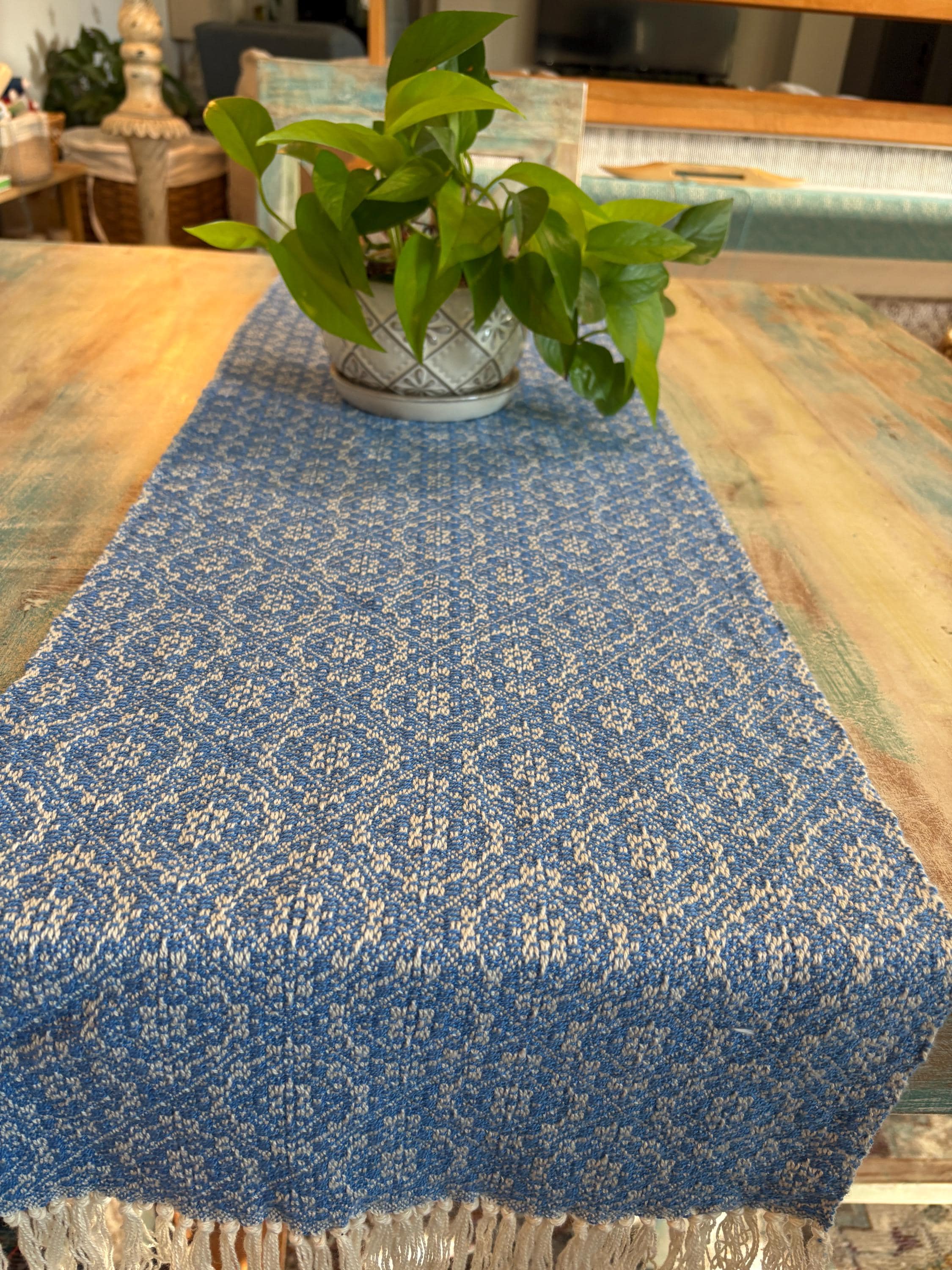 Handwoven Blue Table Runner – Organic Cotton Twilight Circles Design