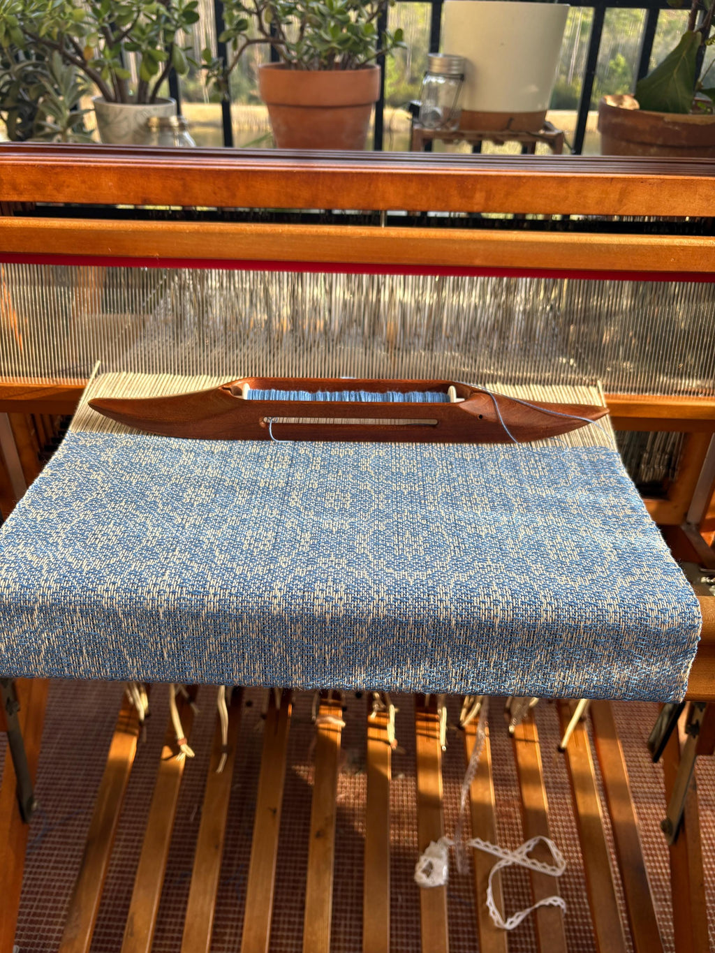 Handwoven Blue Table Runner – Organic Cotton Twilight Circles Design