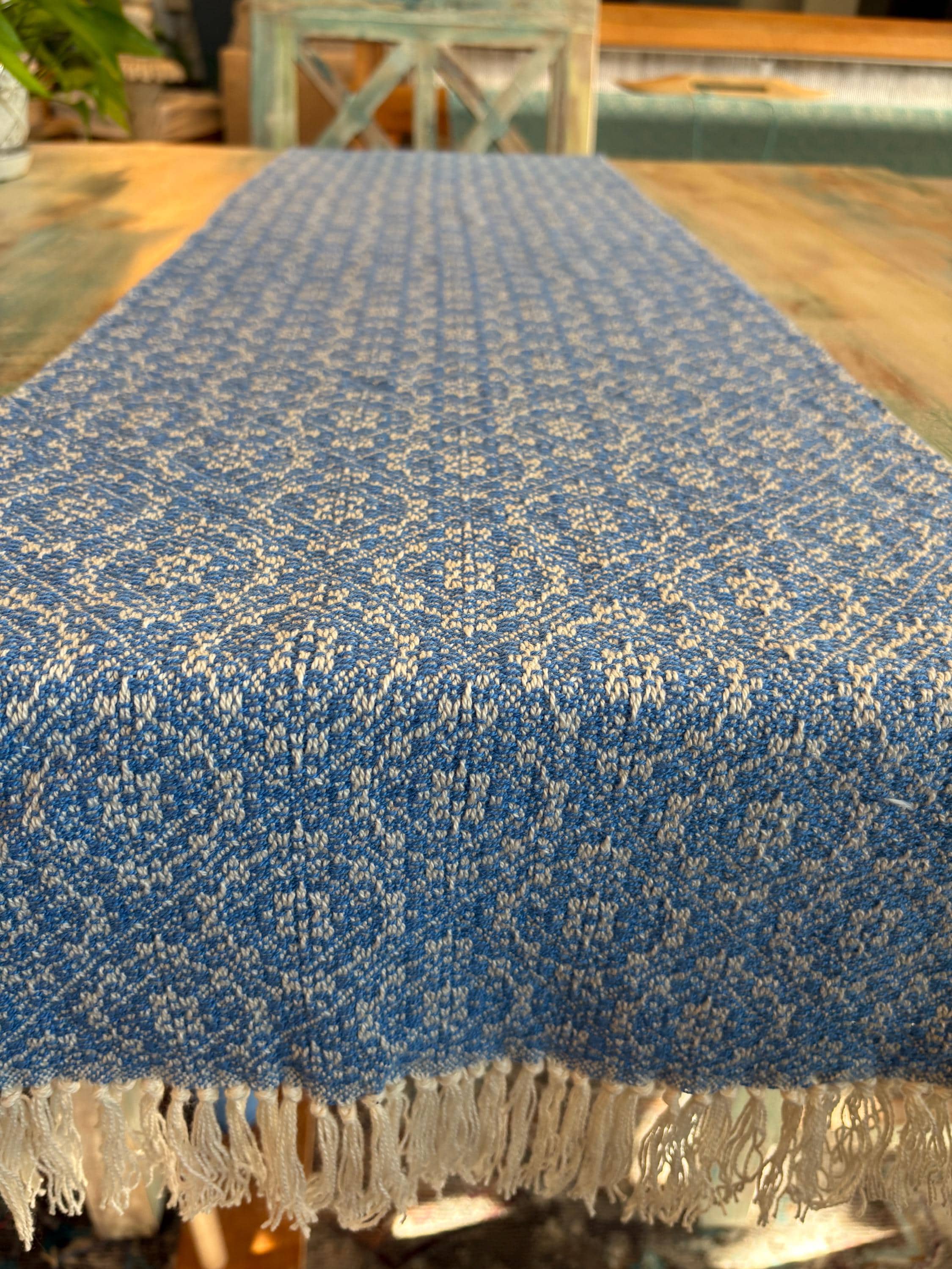 Handwoven Blue Table Runner – Organic Cotton Twilight Circles Design