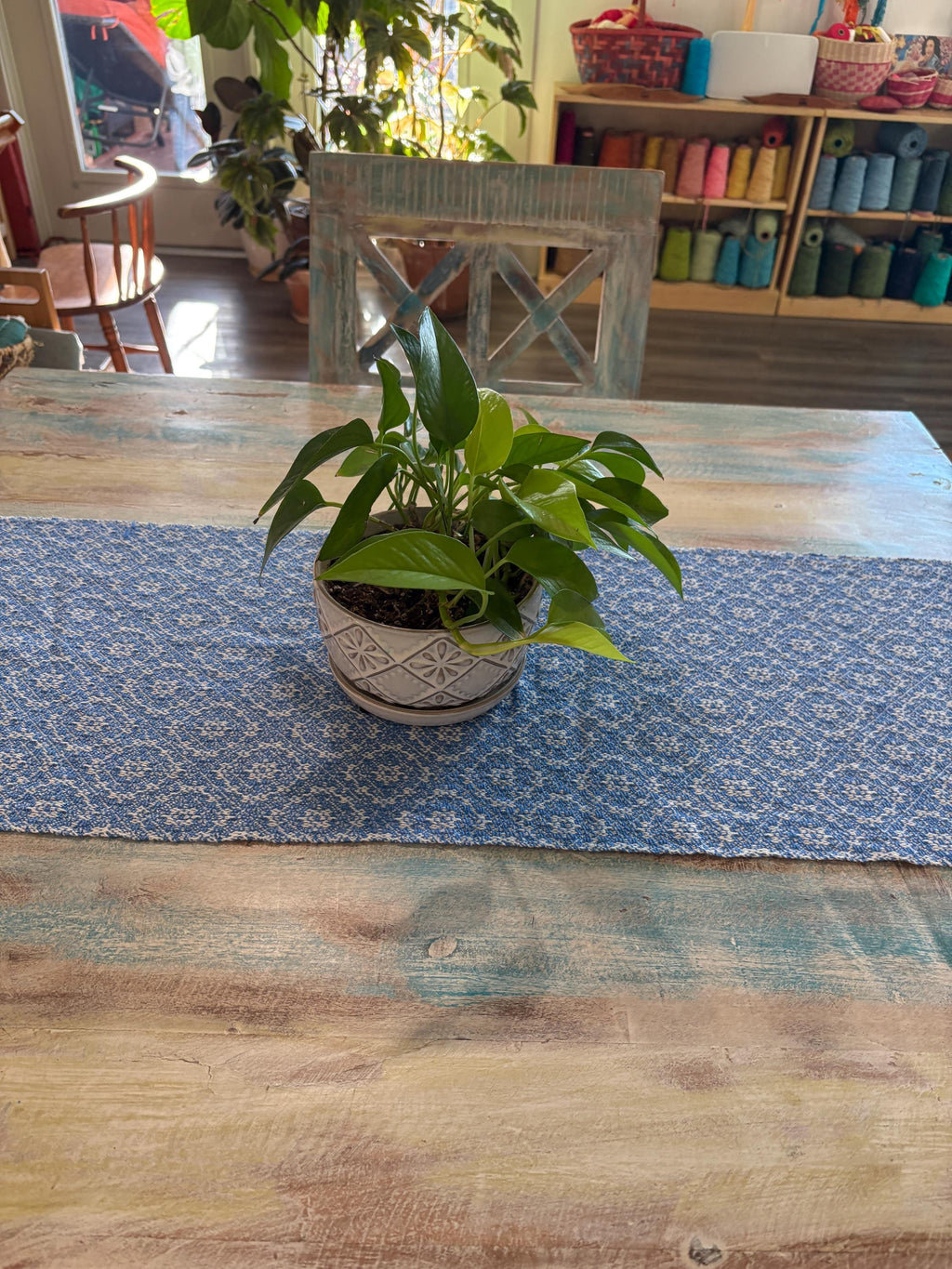 Handwoven Blue Table Runner – Organic Cotton Twilight Circles Design