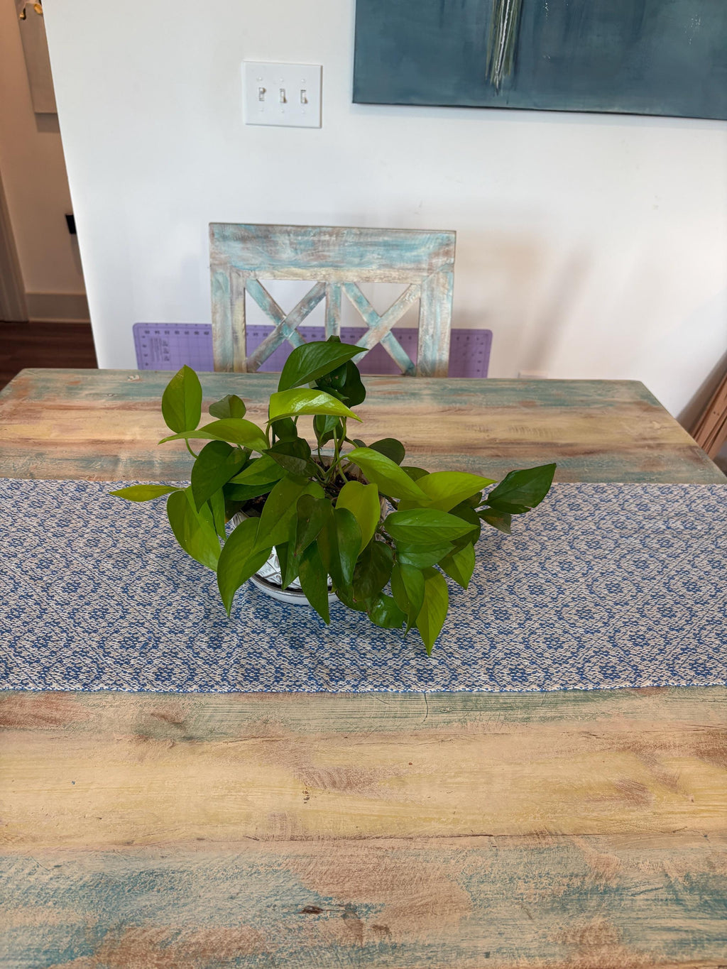 Handwoven Blue Table Runner – Organic Cotton Twilight Circles Design