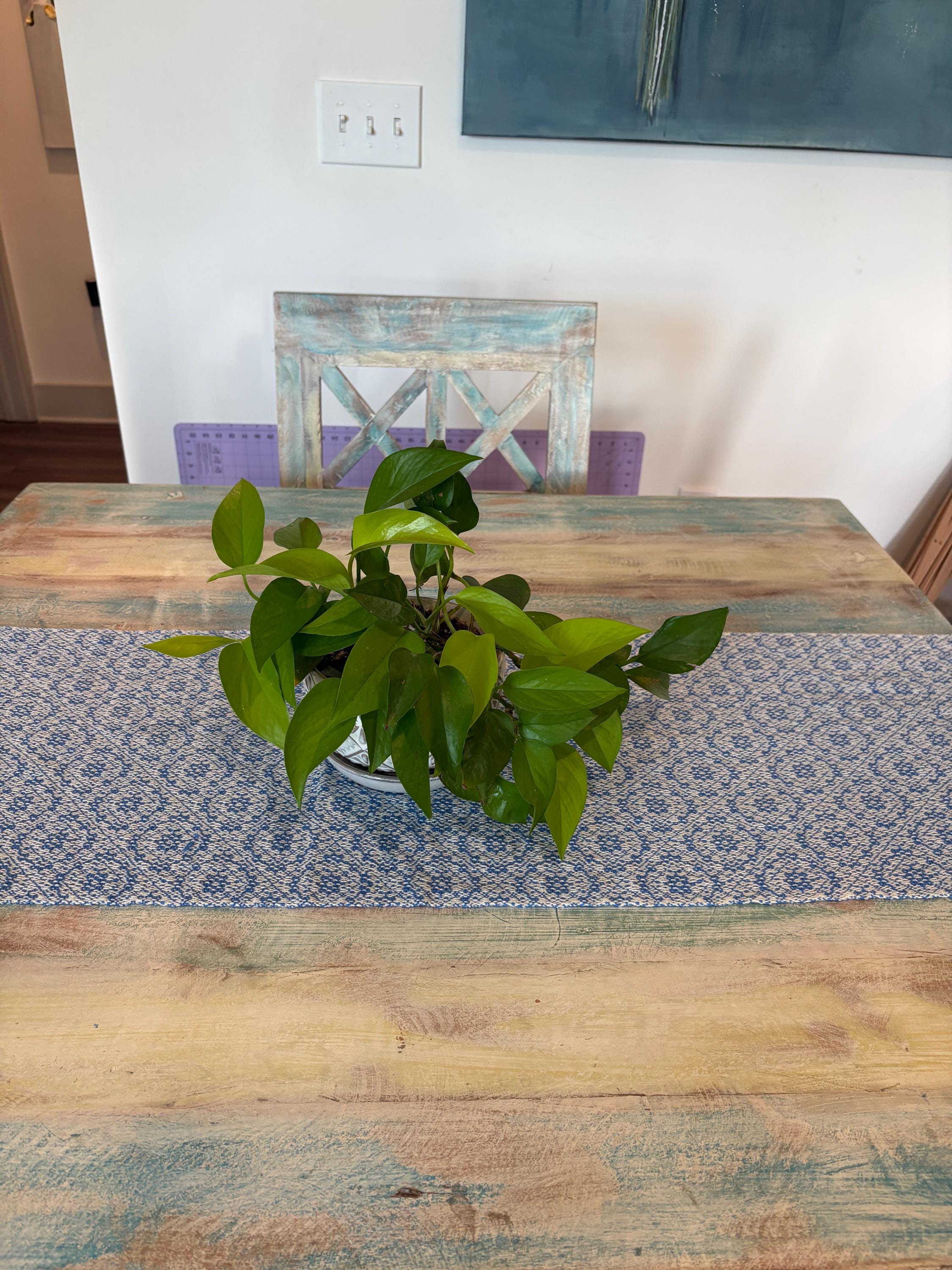 Handwoven Blue Table Runner – Organic Cotton Twilight Circles Design