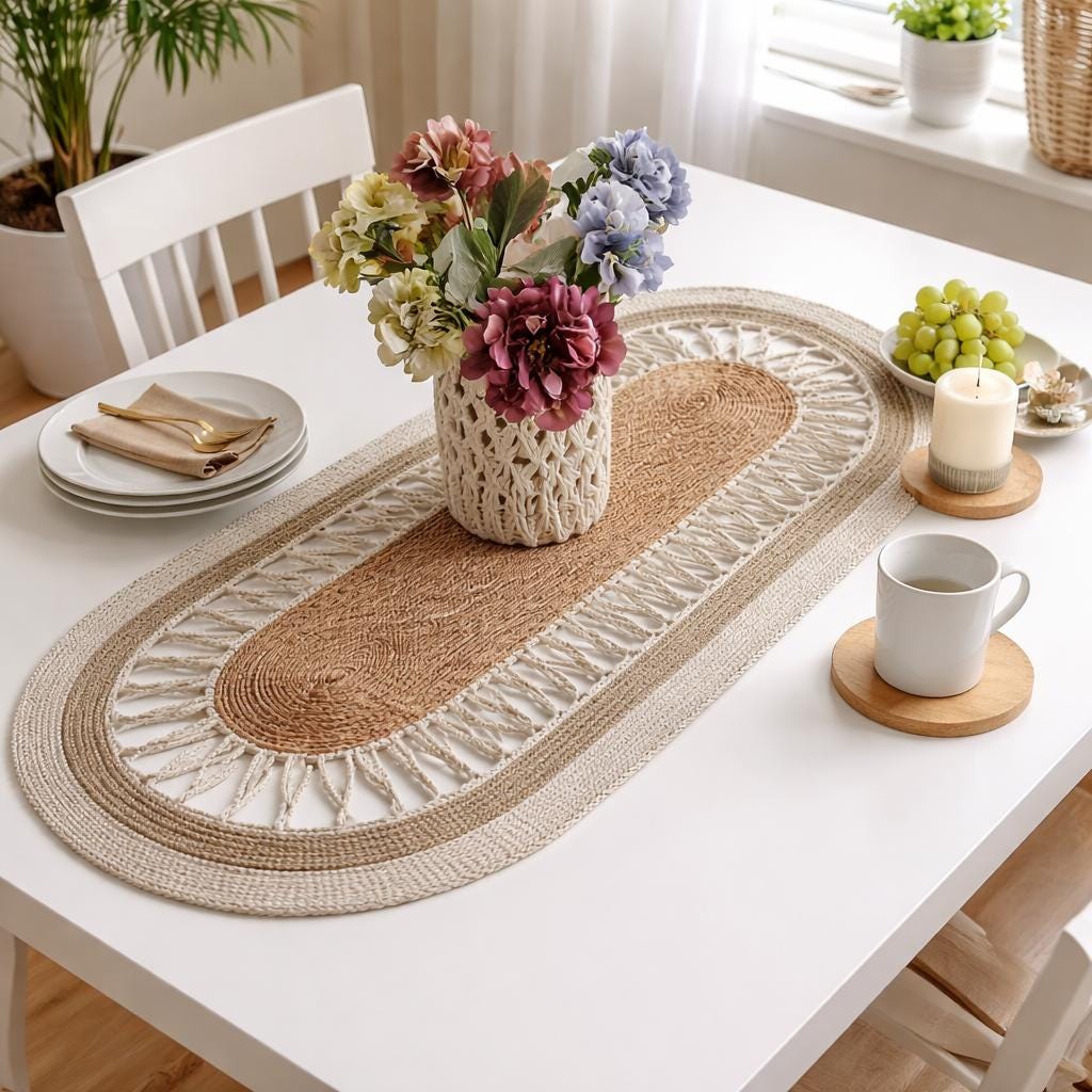 Handmade Tress-cord Table Runner | Modern Kitchen & Dining Decor | Unique Housewarming Gift | 100x40cm Home Accent