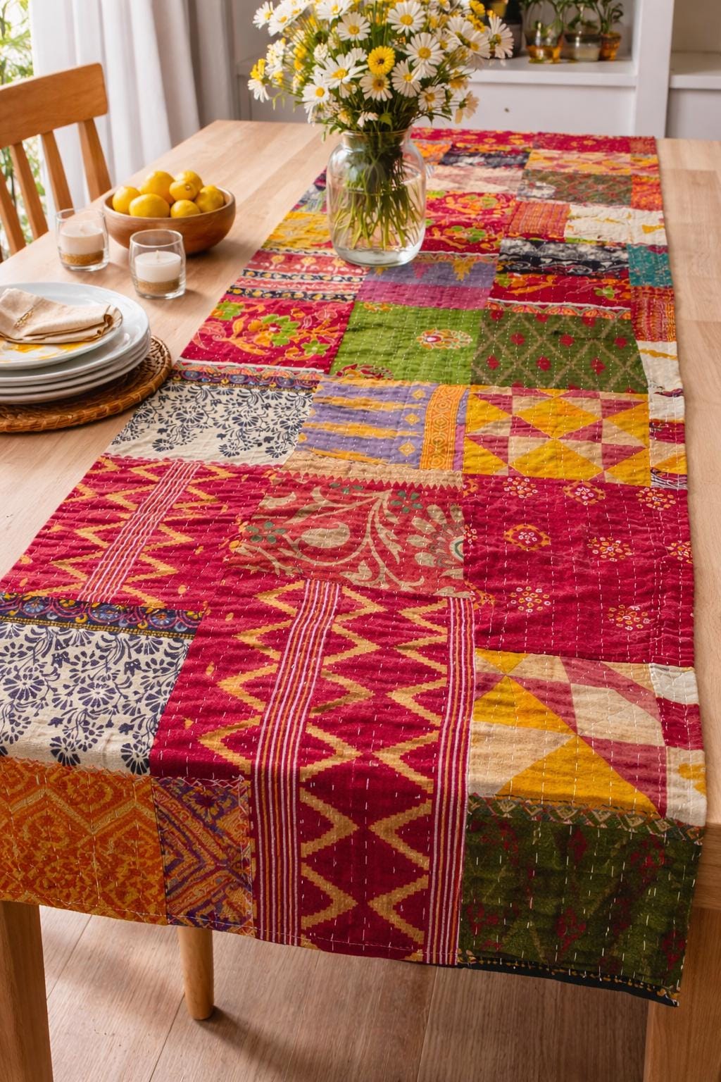Boho Table Runner, Patchwork Kantha Table Runner, Handmade Cotton Table Runner, Vintage Patchwork Table Decor, Farmhouse Dining Table Runner