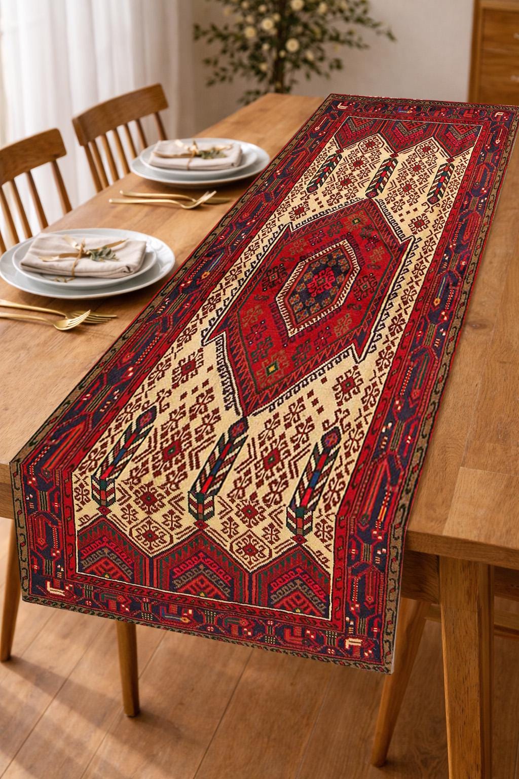 Woven Cotton Aztec Runner, Tribal Boho Table Decor, Neutral Farmhouse Accent