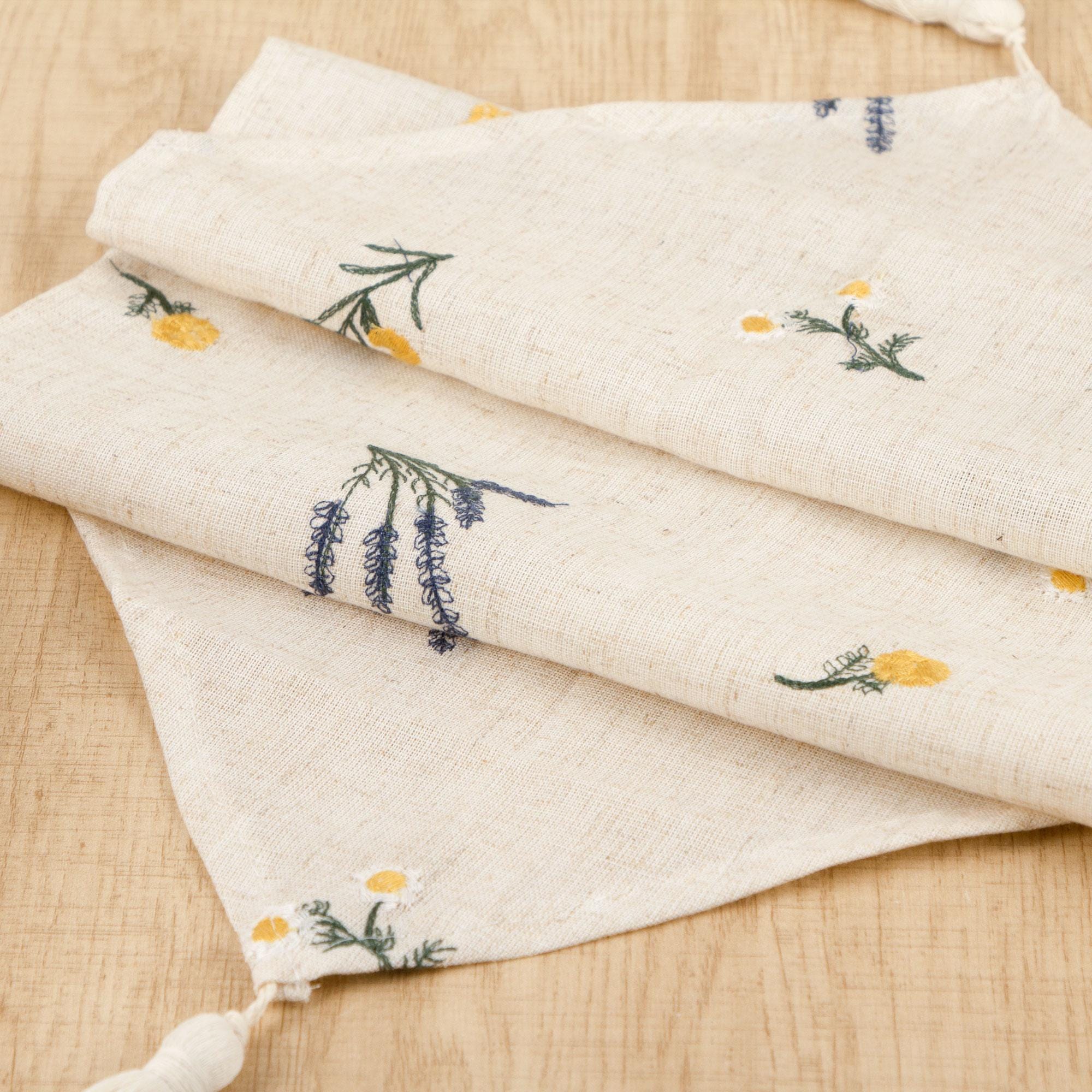 Rustic Triangle Linen Table Runner With Tassels – Embroidered Floral Design, Farmhouse & Country Wedding Decor, Handmade Gift Idea