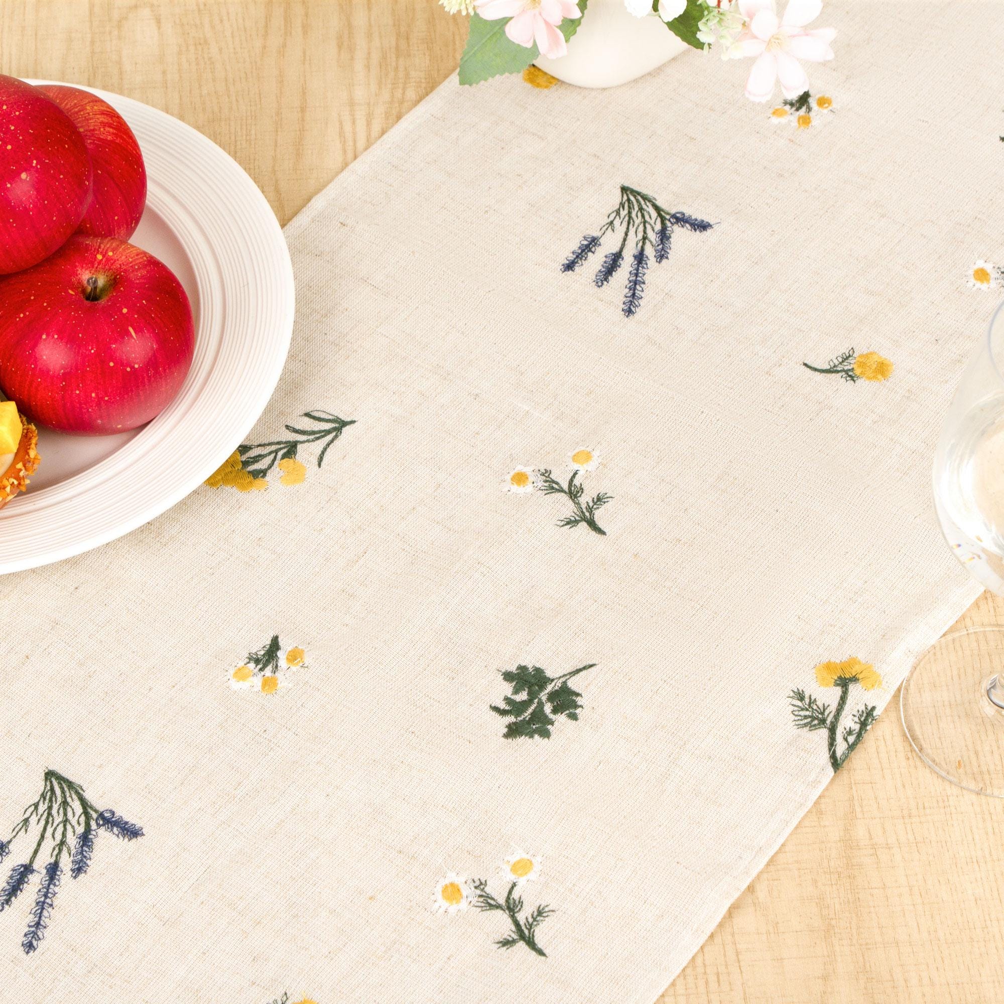 Rustic Triangle Linen Table Runner With Tassels – Embroidered Floral Design, Farmhouse & Country Wedding Decor, Handmade Gift Idea