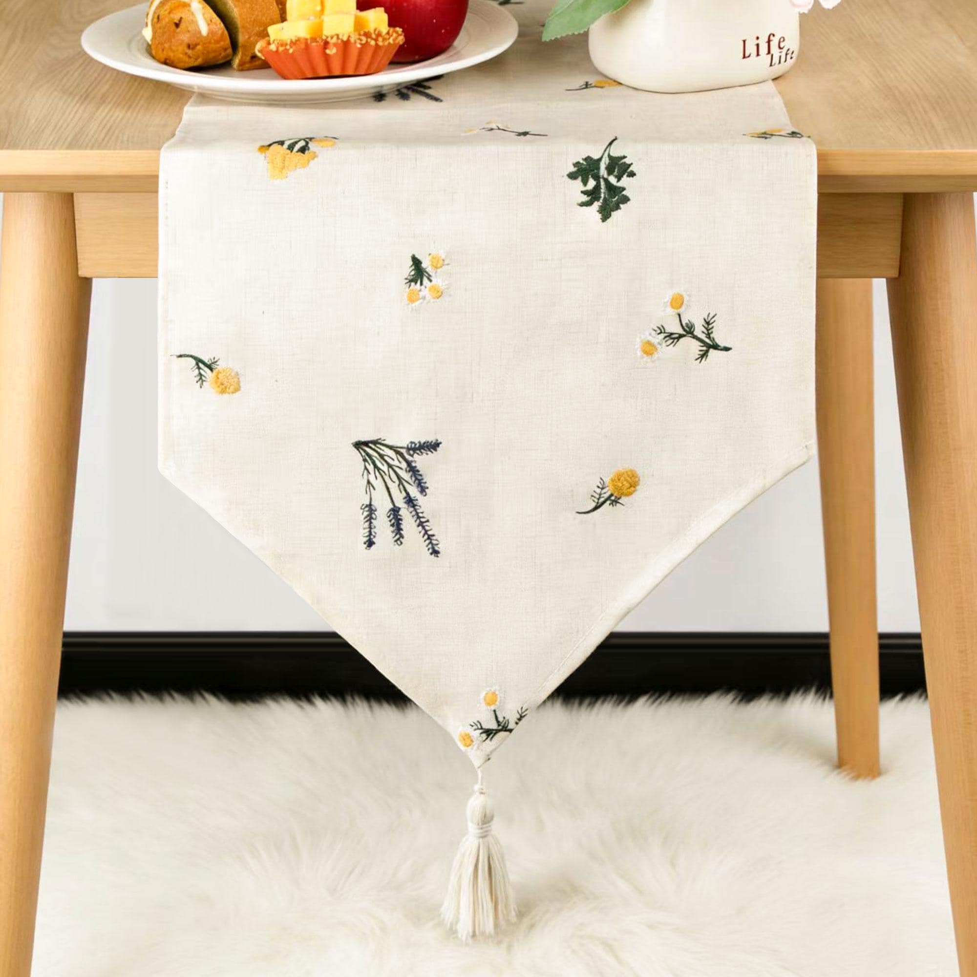 Rustic Triangle Linen Table Runner With Tassels – Embroidered Floral Design, Farmhouse & Country Wedding Decor, Handmade Gift Idea