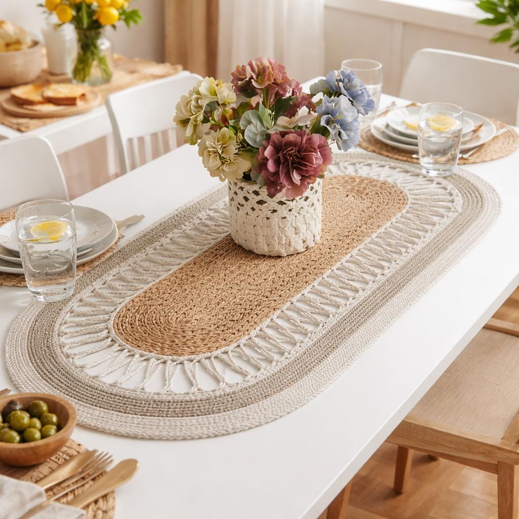 Handmade Tress-cord Table Runner | Modern Kitchen & Dining Decor | Unique Housewarming Gift | 100x40cm Home Accent