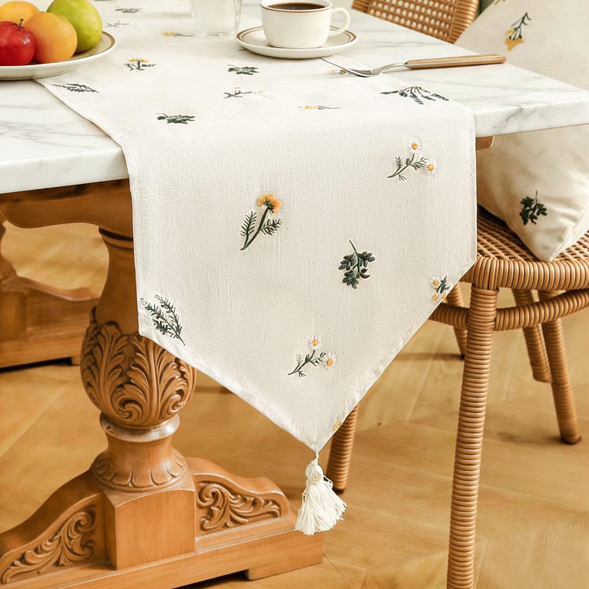 Rustic Triangle Linen Table Runner With Tassels – Embroidered Floral Design, Farmhouse & Country Wedding Decor, Handmade Gift Idea