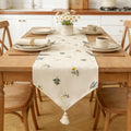 Rustic Triangle Linen Table Runner With Tassels – Embroidered Floral Design, Farmhouse & Country Wedding Decor, Handmade Gift Idea