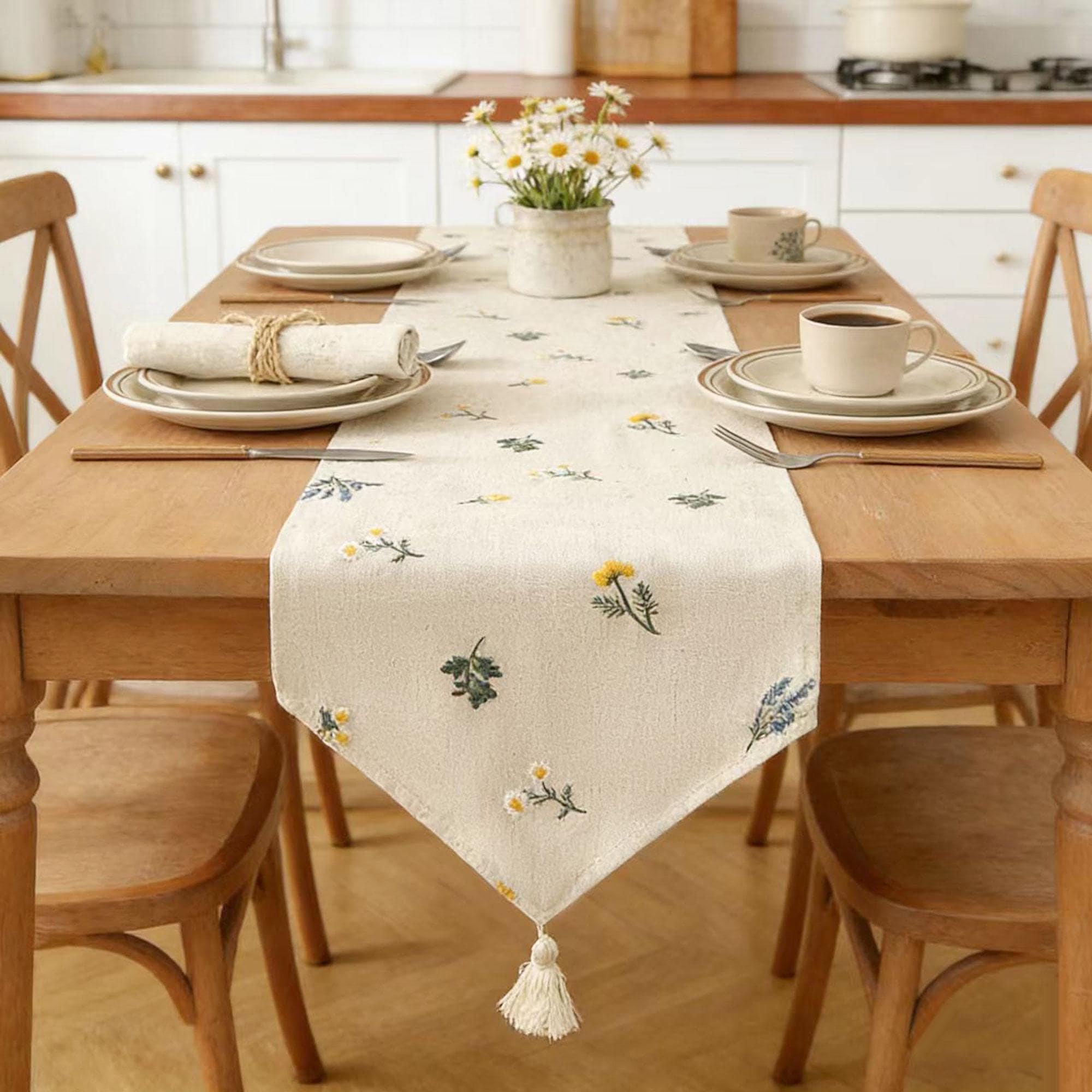 Rustic Triangle Linen Table Runner With Tassels – Embroidered Floral Design, Farmhouse & Country Wedding Decor, Handmade Gift Idea
