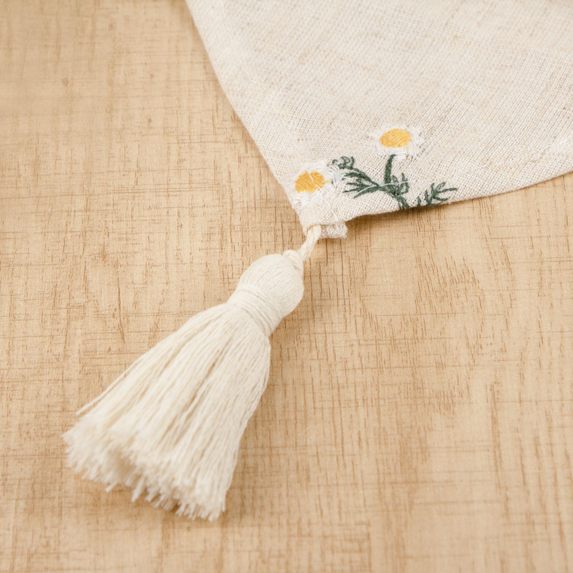 Rustic Triangle Linen Table Runner With Tassels – Embroidered Floral Design, Farmhouse & Country Wedding Decor, Handmade Gift Idea