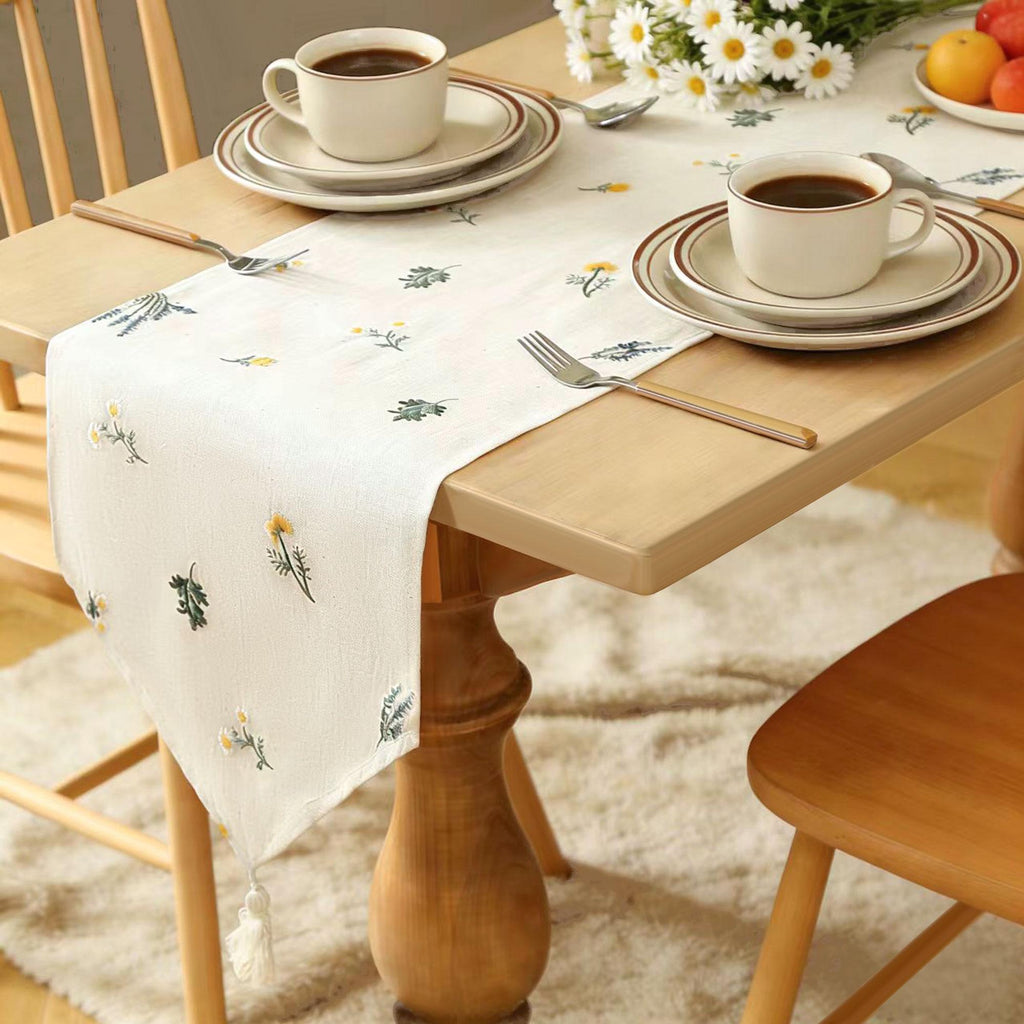 Rustic Triangle Linen Table Runner With Tassels – Embroidered Floral Design, Farmhouse & Country Wedding Decor, Handmade Gift Idea